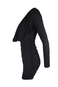 Side view of elegant black ruched mini dress with long sleeves and cowl neck design.