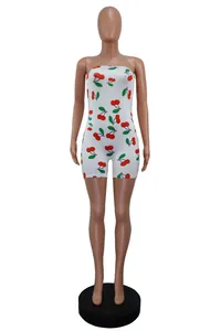 Sexy strapless slim-fit romper for women featuring a vibrant cherry print pattern