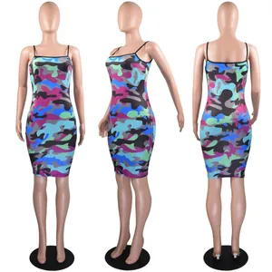 Detailed views showing the front, side, and back of this camouflage bodycon camisole dress