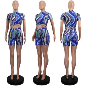 Detailed view of women's colorful wavy print two-piece set with waist tie detail