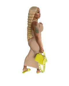 Side view of a sexy beige ribbed sleeveless U-neck slim fit maxi dress for summer