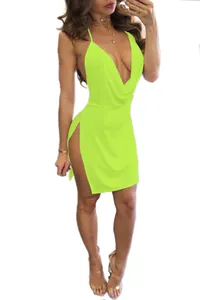 Sexy neon green halter neck mini dress with deep V-neck and high side slit detail