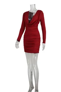 Front view of a red deep V-neck long sleeve ruched bodycon mini dress for women
