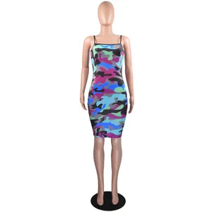 Detailed view of a vibrant multi-color camouflage bodycon cami dress on a mannequin.