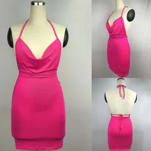 Comprehensive front side and back views of a sexy hot pink backless halter bodycon dress