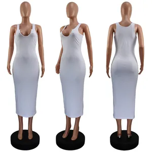 White ribbed U-neck sleeveless slim fit midi dress shown from three angles