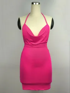 Detailed view of fuchsia pink sexy backless halter neck bodycon mini dress on mannequin.