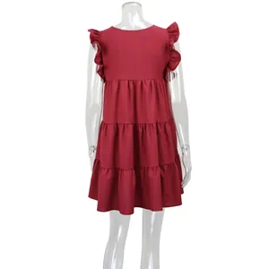 Back view of a deep red tiered ruffled sleeveless babydoll dress for summer wear