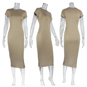 Viste dettagliate del davanti del profilo e del retro di un abito midi aderente beige