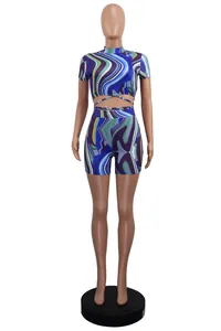 Detailed view of the vibrant marble print on this sexy two-piece waist-tie set for women.