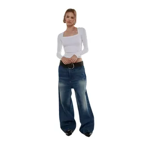 European style white ribbed long-sleeved top with square neckline and slim fit design