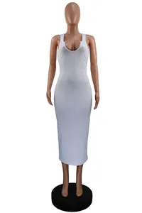 Detailed view of a white ribbed bodycon dress with a U-neck and sleeveless design.