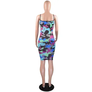 Back view of a sexy bodycon camisole dress featuring a colorful camouflage print.