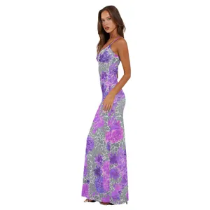 Side view of slim fit mesh maxi dress with purple floral and leopard print pattern