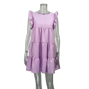 Light purple sleeveless tiered mini dress with ruffle sleeves displayed on mannequin