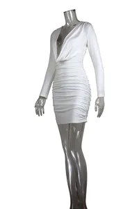 Close-up of white cowl neck deep V-neck long sleeve ruched bodycon mini dress
