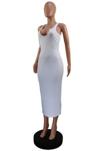 Detailed view of elegant white ribbed sleeveless U-neck bodycon maxi dress for summer