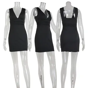 Comprehensive detailed views of a black deep V sleeveless ruched bodycon mini dress