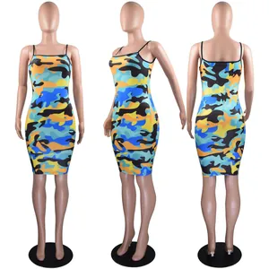 Front, side, and back views of a colorful camouflage print bodycon mini dress