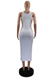 Back view of a white rib-knit sleeveless maxi dress with a slim fit and elegant design