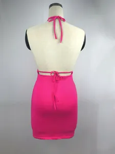 Back view detail of hot pink halter neck backless bodycon mini dress on mannequin