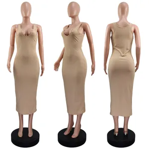 Sexy ribbed sleeveless U-neck bodycon maxi dress shown in three different perspectives.