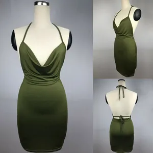 Detailed views of sexy olive green backless halter mini dress with cowl neck and tie-back