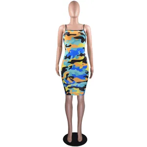 Sexy multi-color camouflage spaghetti strap bodycon mini dress for women party wear