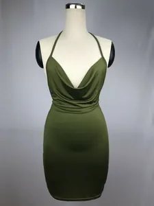 Detailed front view of olive green backless halter neck bodycon dress on mannequin