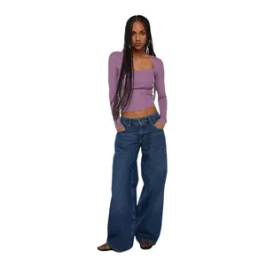 Detailed view of a purple ribbed long-sleeve top with a low square neckline for women