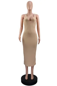 Front view of a slim fit sleeveless ribbed knit maxi dress in beige on a mannequin