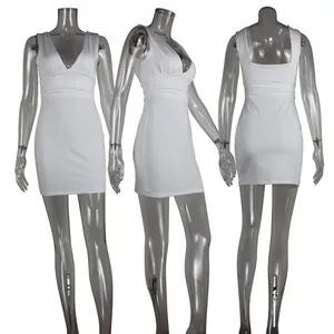 Detailed multi-angle view of white deep V-neck sleeveless pleated bodycon mini dress
