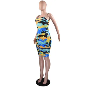 Close-up detail of a colorful camouflage print on a slim-fit bodycon slip dress.