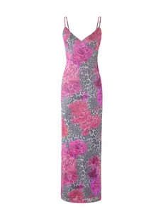 Detail of mesh slip maxi dress with pink rose and grey leopard print pattern design