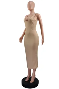 Mannequin wearing a sexy beige ribbed sleeveless U-neck slim fit long dress