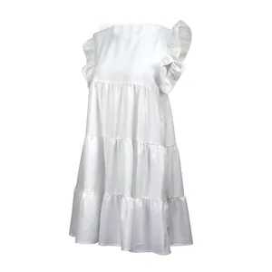 Elegant white tiered dress featuring ruffle sleeves and a smooth satin texture detail