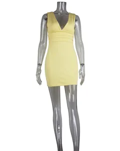 Front view of a pale yellow deep V-neck sleeveless bodycon dress with ruched waist