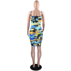 Detailed back view of a sexy slim-fit bodycon camouflage cami mini dress for women