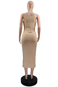 Back view of khaki ribbed sleeveless maxi dress featuring elegant slim fit and casual long style