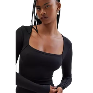 Close-up of black ribbed long-sleeve top with elegant square neckline and slim fit