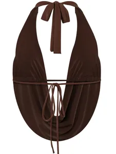 Sexy dark brown double layer halter neck bra top with deep V-neck and adjustable ties