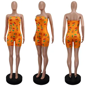 Sleeveless sexy orange tube top romper for women featuring vibrant red cherry print details