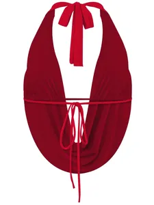 Sexy red halter neck backless top with deep V-neckline and adjustable tie-back closure