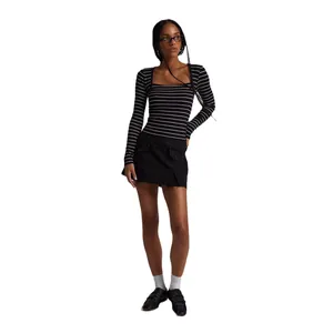 Slim fit black and white striped long sleeve rib knit top with a sexy square neckline
