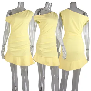 Comprehensive front side and back views of a yellow one shoulder ruched bodycon mini dress