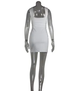 White sleeveless bodycon mini dress featuring a deep U-back design on a mannequin