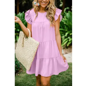 Elegant summer lavender ruffle sleeve tiered mini dress for women in garden setting