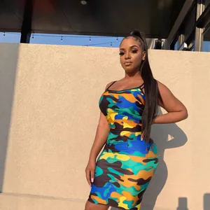 Trendy sleeveless bodycon mini dress with vibrant multi-color camouflage pattern print for women