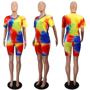 Three-view display of women's vibrant tie-dye V-neck top and shorts two-piece set