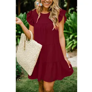Burgundy summer mini dress featuring ruffle sleeves and a stylish tiered pleated skirt